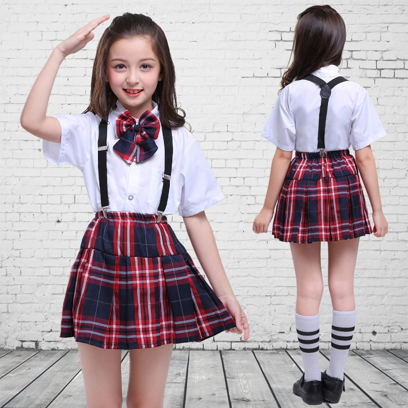 Girls red 1 set Комплект одежды для детей ростом от 100 до 170 см, Топы+ юбка+ ремень, школьная форма в клетку для девочек-подростков, костюмы для хора - Цвет: Girls red 1 set