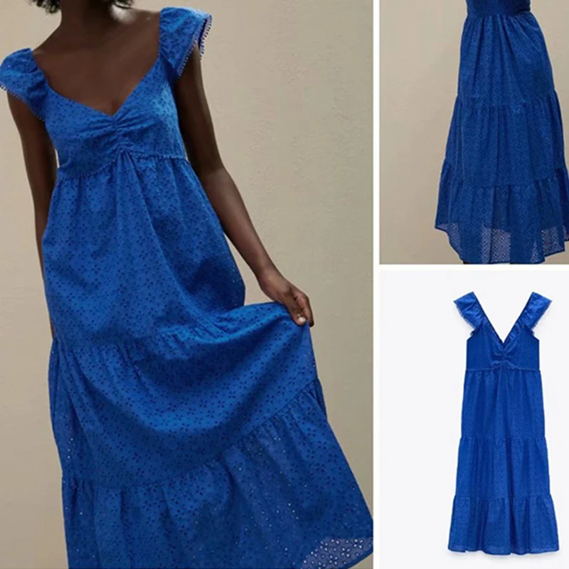 

2021 New Summer Women Blue Embroidery Romantic Midi Dress Strap Sleeveless Ladies Hollow Out Elegant Long Dresses Vestido