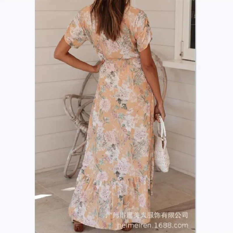 

Summer Bohemian Elegant Women Print Dress 2020 Casual V-neck Slim Ruffles Maxi Dress Irregular