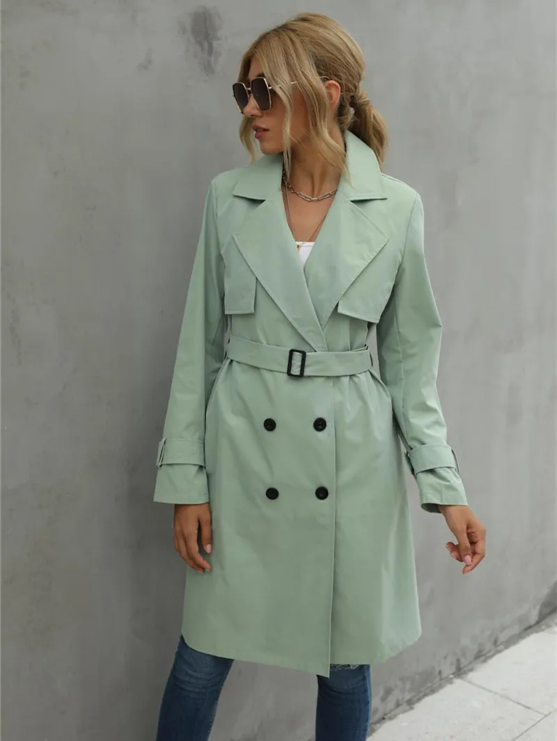 

DEYIFashion Women Casual Solid Color Coat Adults Autumn Elagant Fashion Long Sleeve Lapel NeckDouble Breasted Belted Trench Coat