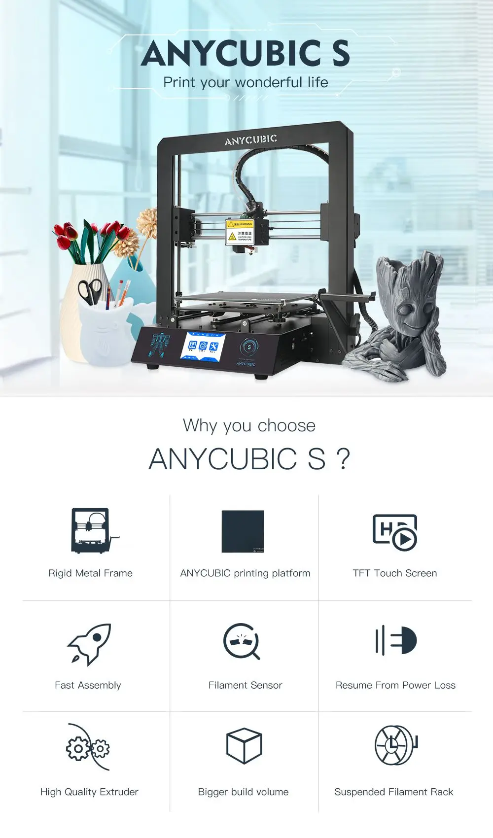 ANYCUBIC Mega-S 3d принтер Мега Обновление версии размера плюс металлический TFT сенсорный экран Высокая точность настольный 3d Принтер Комплект