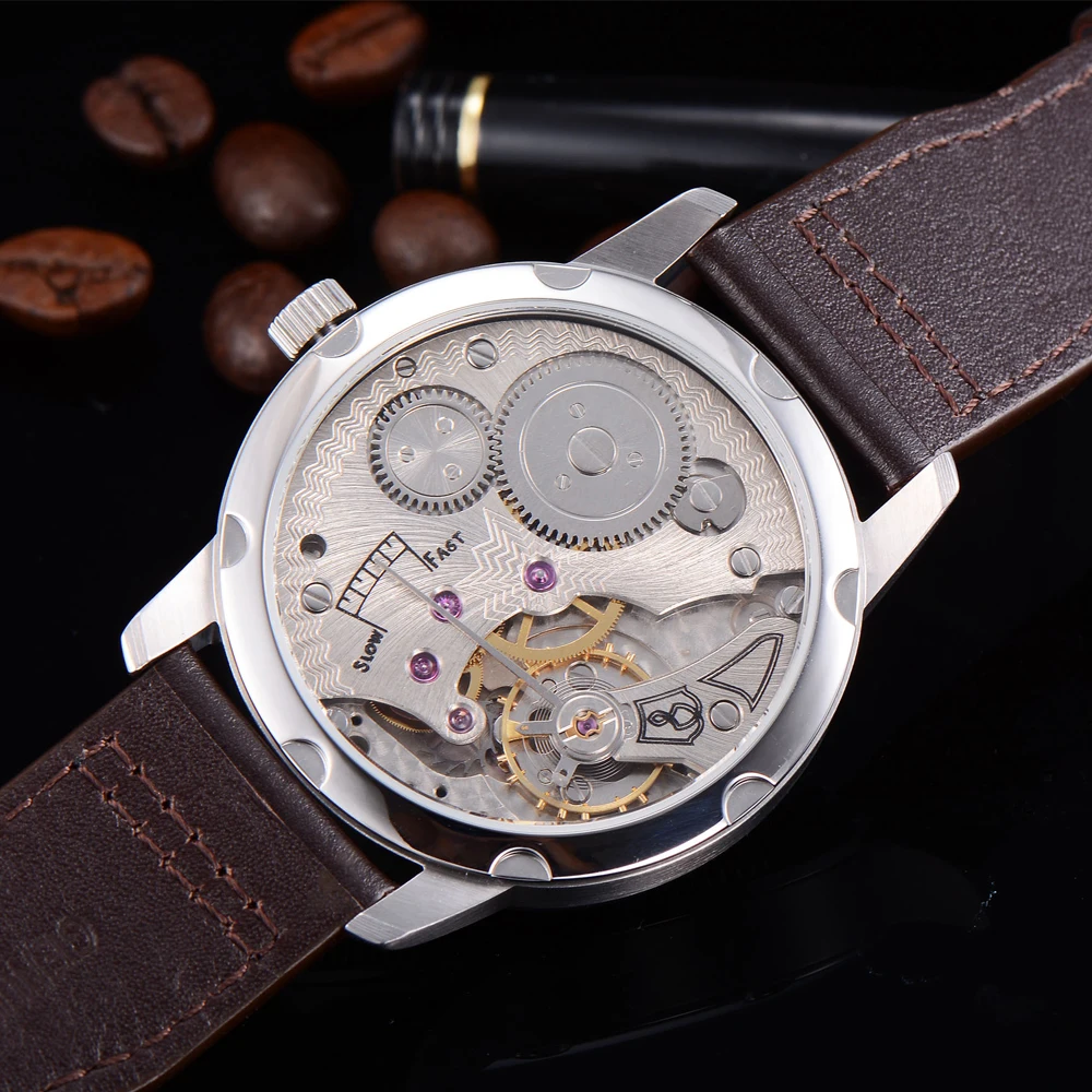 Parnis 44 мм 17 ювелирных изделий ручной намотки 6498 чехол из нержавеющей стали кожаный