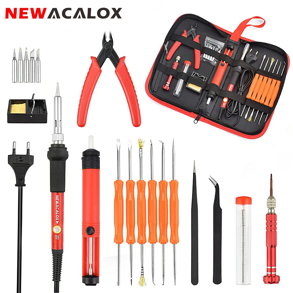 Newacalox ЕС 220 В 60 Вт терморегулятор Электрический паяльник Комплект отвертка оловоотсоса Совет провода, плоскогубцы сварочные инструменты сумка