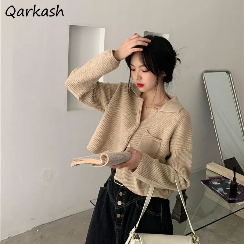 

Кардиган женский укороченный с карманами, однотонный Простой повседневный элегантный уличный свитер для праздника, 3 цвета, с отложным воро...