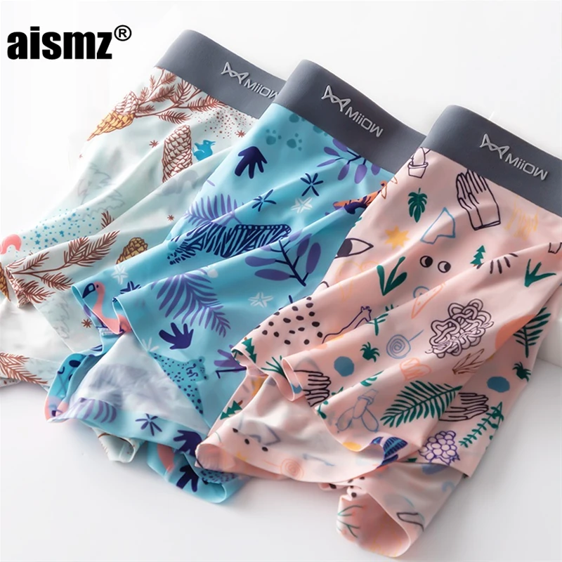 

Aismz 3pcs Men Ice Silk Seamless Underwear Summer Print Sexy Man Boxer Shorts Ultra-thin Breathable Panties Male Underpants