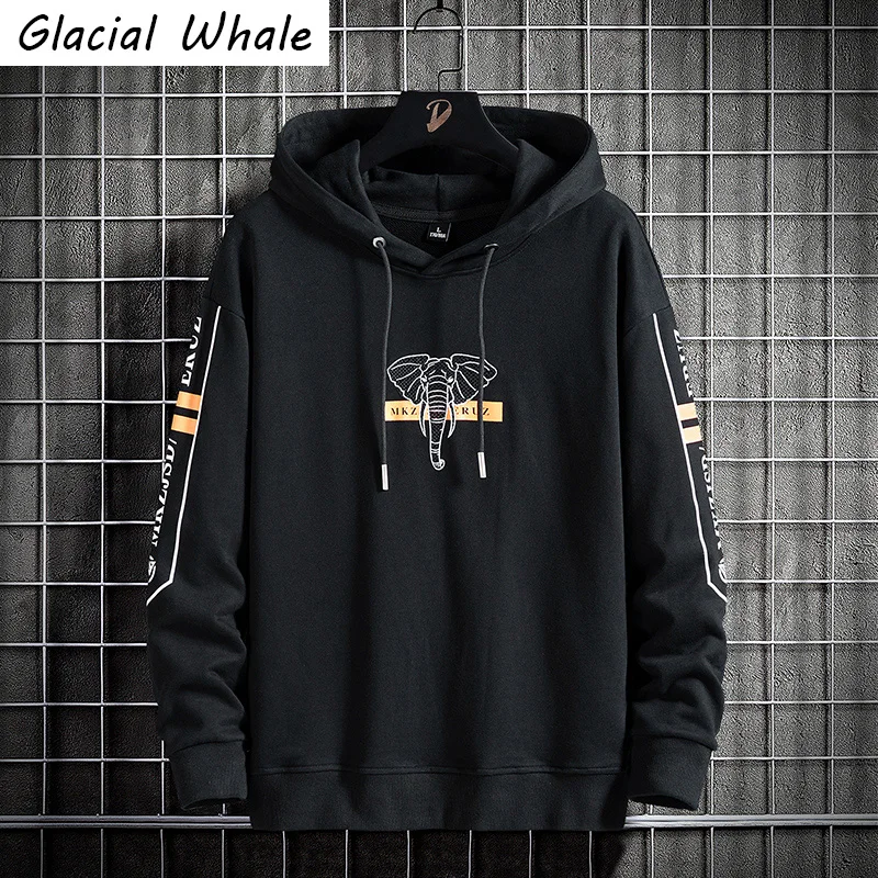 

GlacialWhale Mens Hoodies Men Winter 2021 New Elephant Print Sweatshirt Oversized Japanese Streetwear Hip Hop Black Hoodies Men