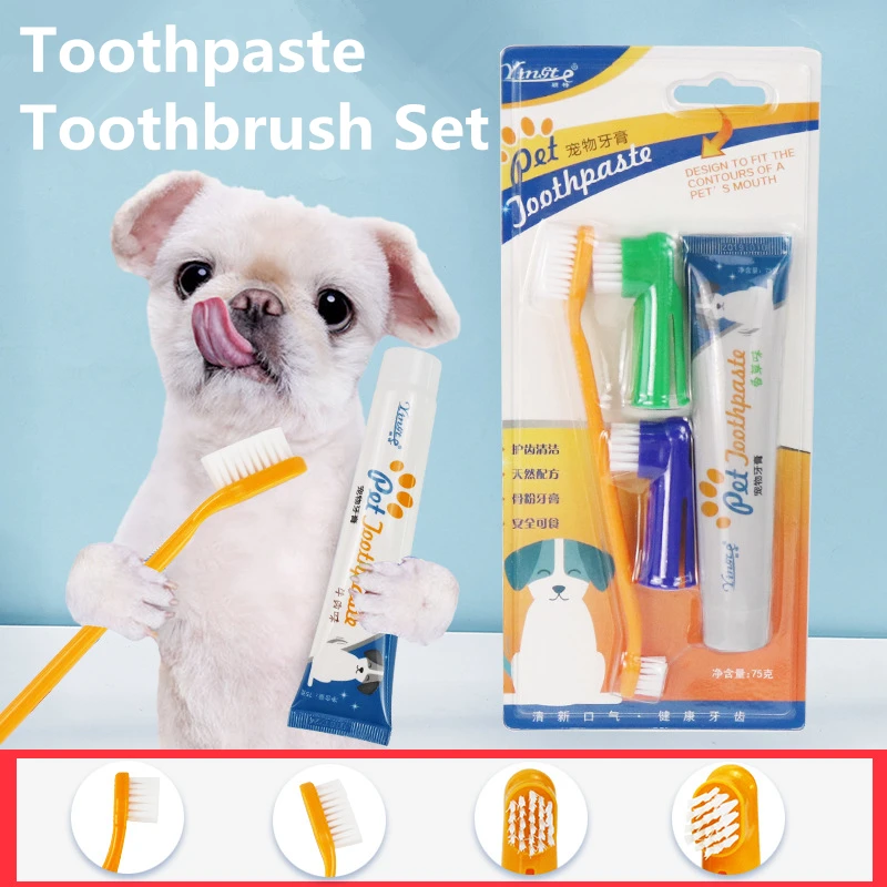 

Two Flavors Pet Toothpaste Toothbrush Set Oral Cleaning Supplies Four-piece Cat Dog Set Beef Vanilla Flavor Pet Grooming Tool