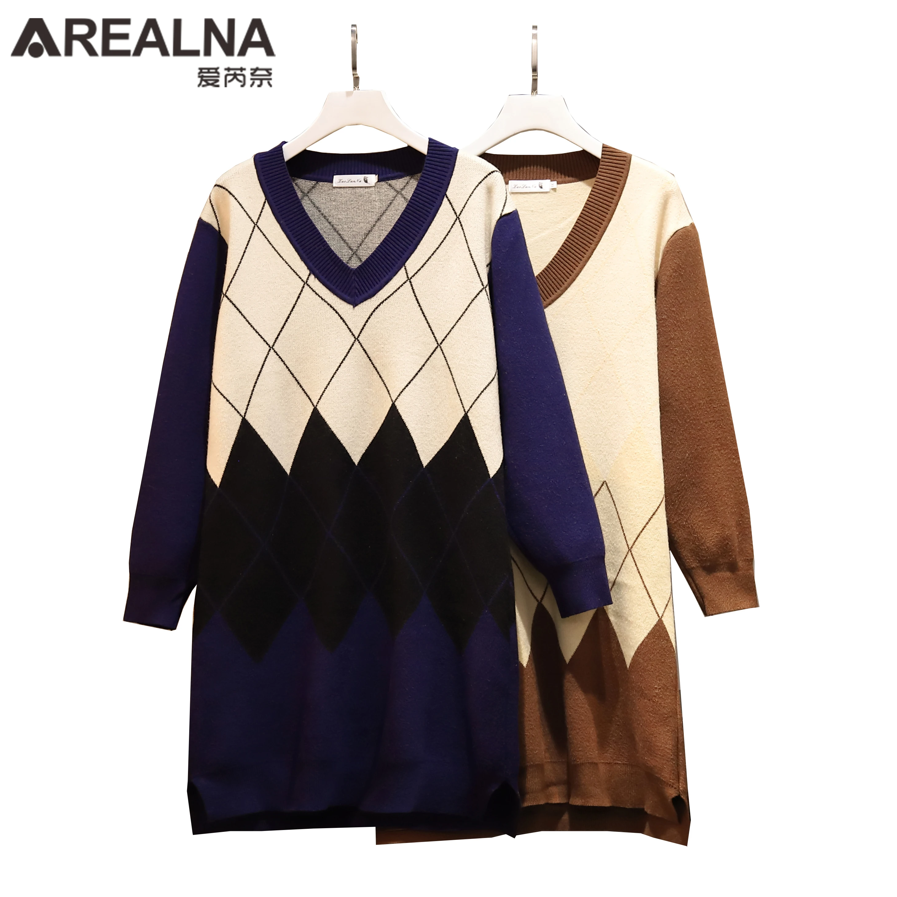 Эстетическое вязаный свитер с ромбами платье для женщин осень зима корейские
