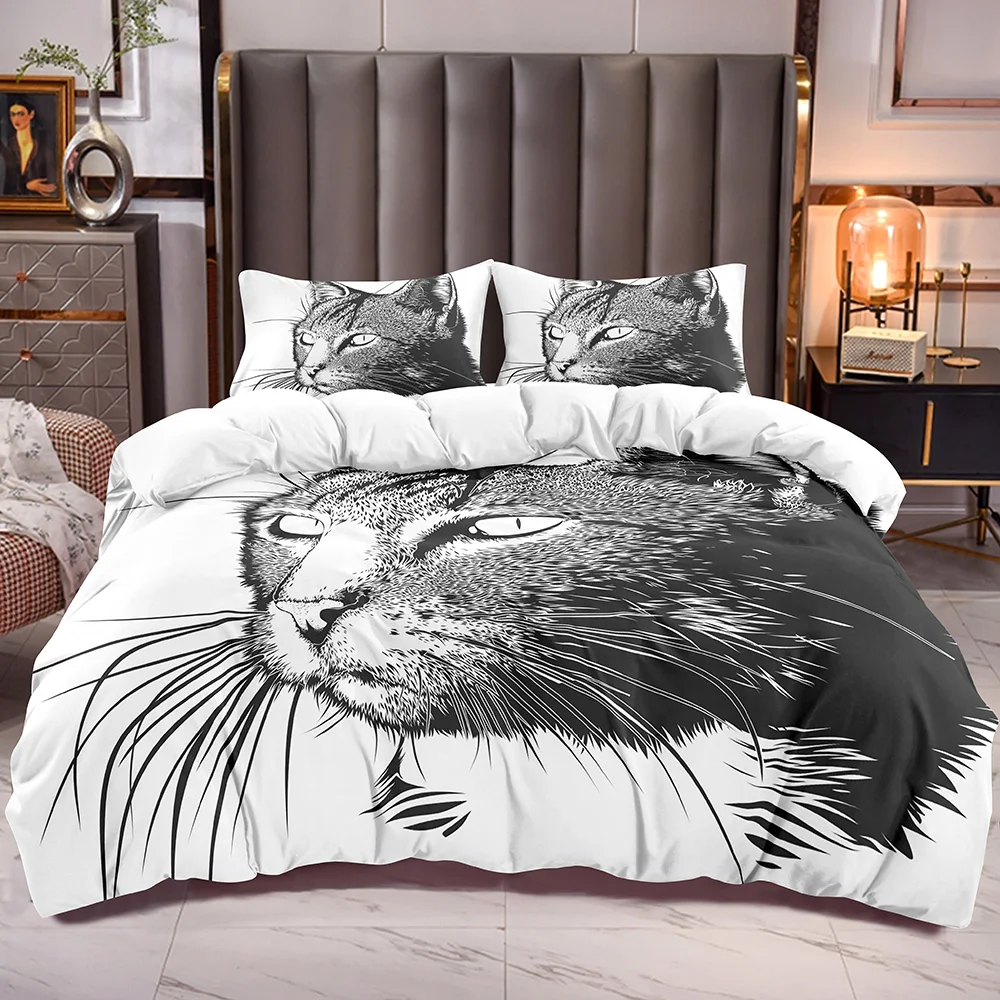

Kids Comforter Cover Cat Print with White Microfiber Zipper Closure Duvet Cover Inside Corner Ties Soft Quilt Bedding Sets