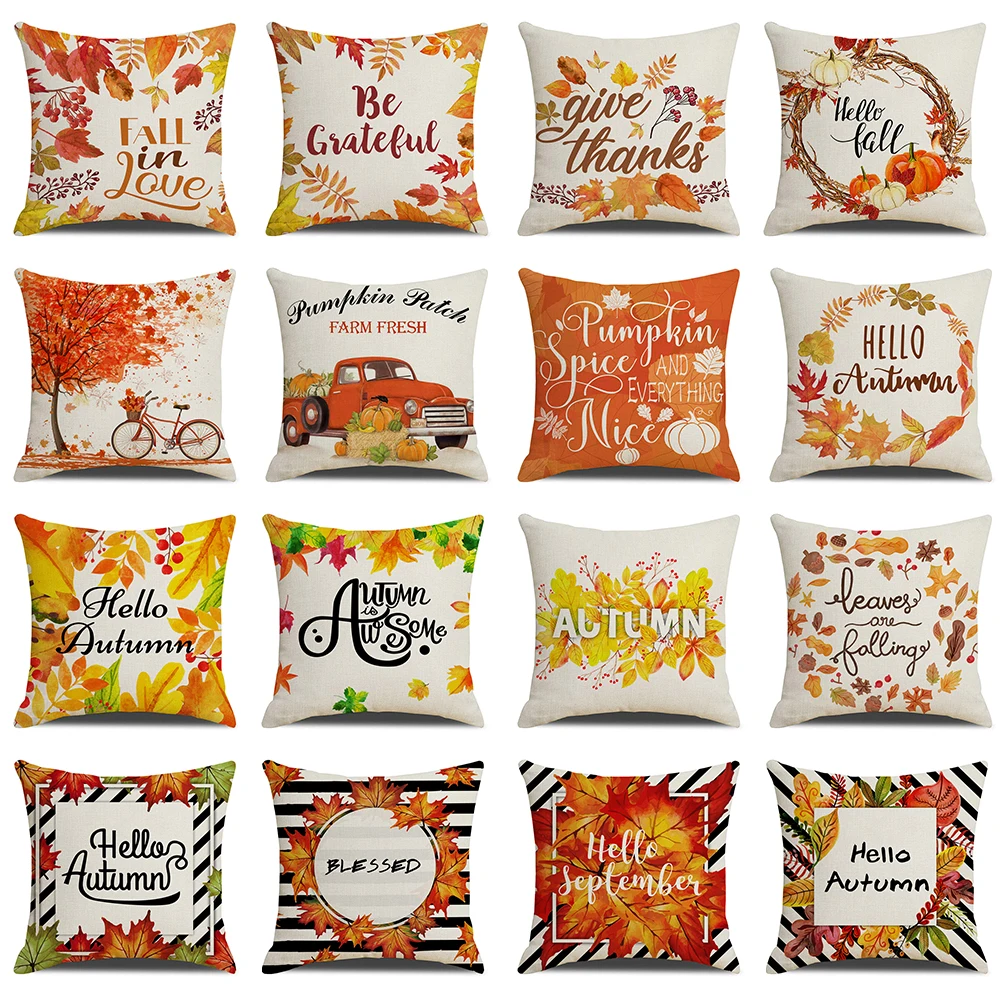 

Fall Pumpkin Cushion Covers 18x18 Inch Farmhouse Decor Thanksgiving Buffalo Check Linen Throw Pillow Covers Happy Thanksgiving