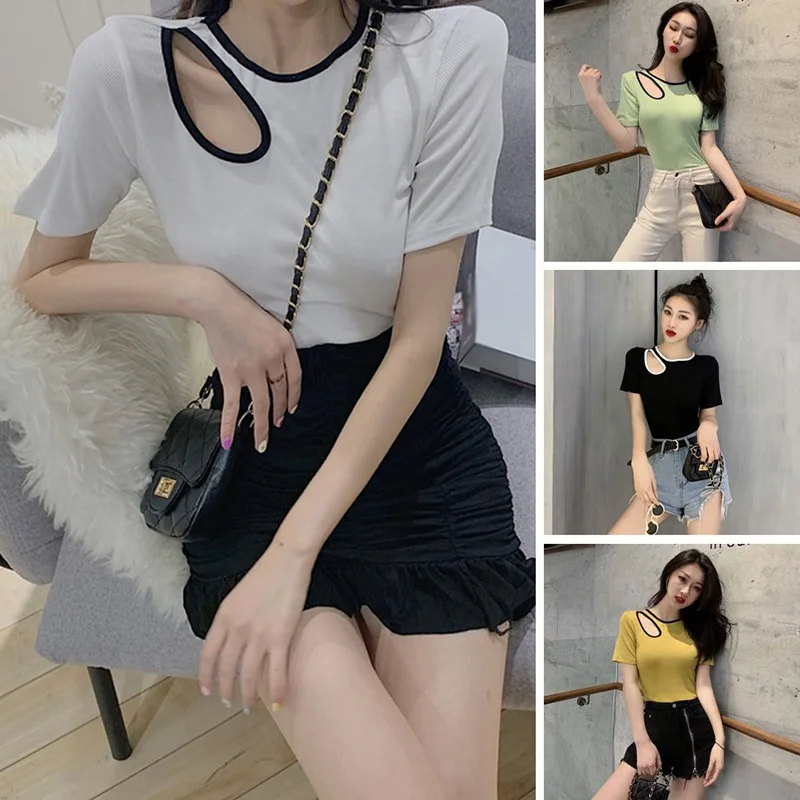 

Summer Hole T Shirt Sexy Slim Round Neck Short-sleeved Knitted T-shirt Fashion Trendy Wild Solid Color Tops For Women