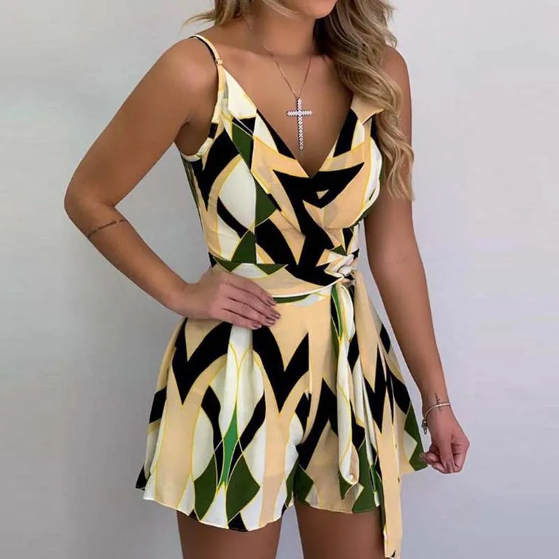 Женские комбинезоны с цветочным принтом на тонких бретельках глубоким v образным