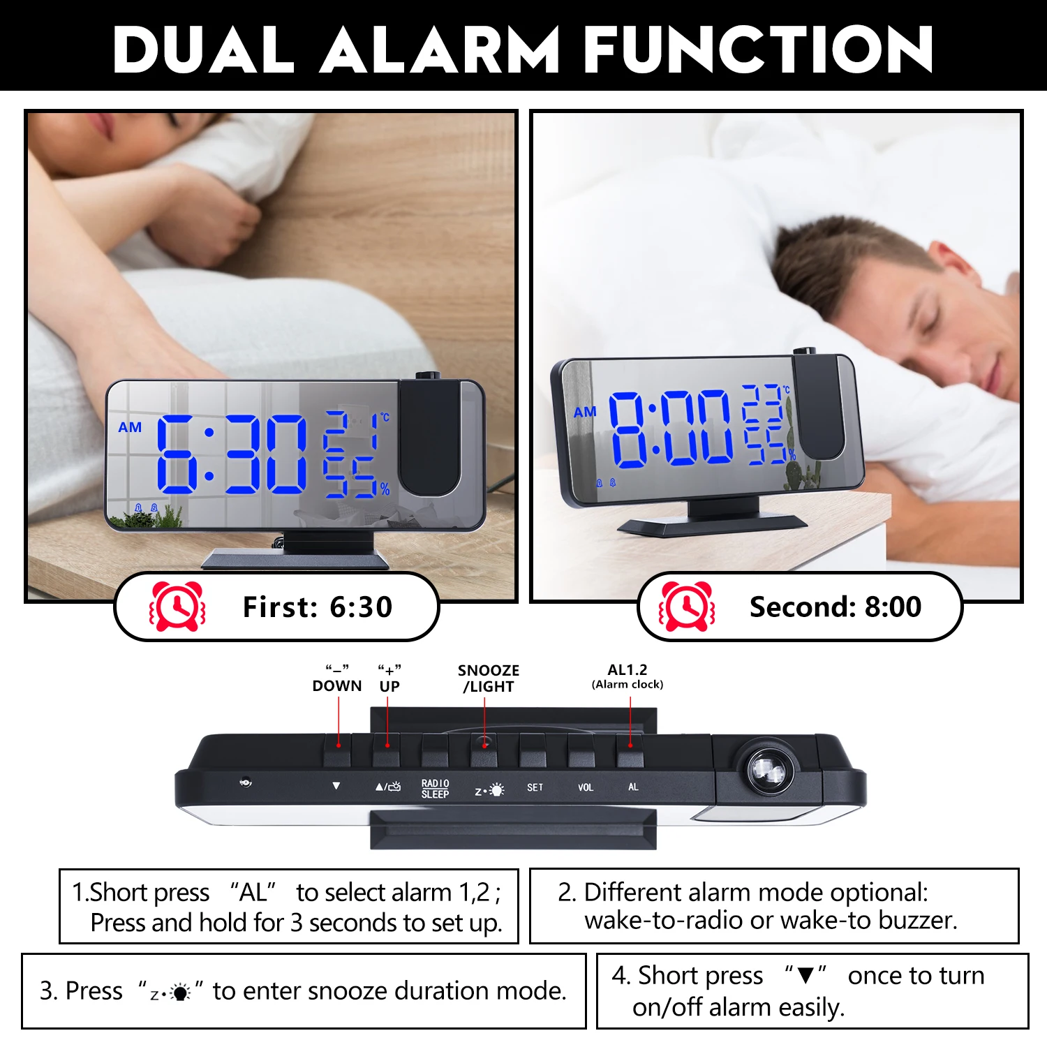 

LED Digital Alarm Clock Watch Table Electronic Desktop Clocks USB Wake Up FM Radio Time Projector Snooze Function 2 Alarm