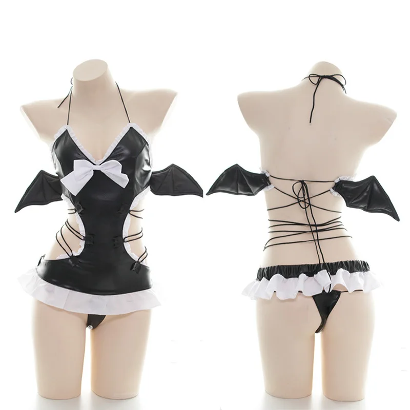 

Cute Sexy Black Devil Cosplay Costume Underwear Lolita Girl PU Leather Lingerie Intimate Anime Maid Dress Sleepwear Drop Ship