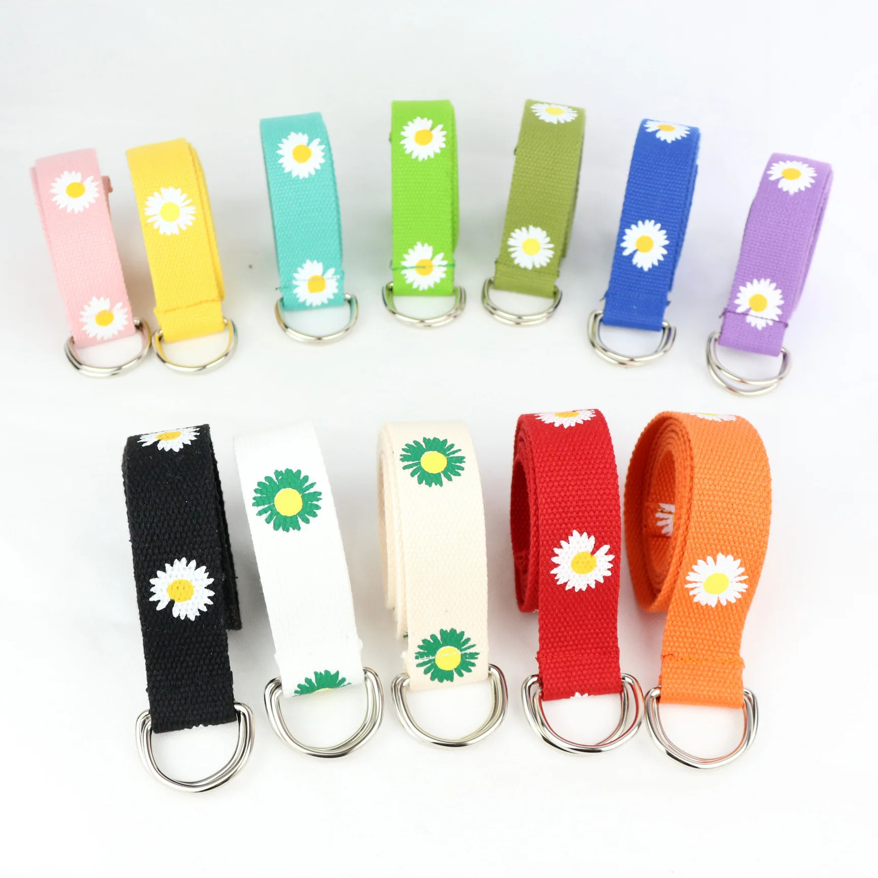 

New Canvas Belts Small Daisies Printed Double Buckle Punk Waist Strap Women Men Teenager Long Wide White Belt