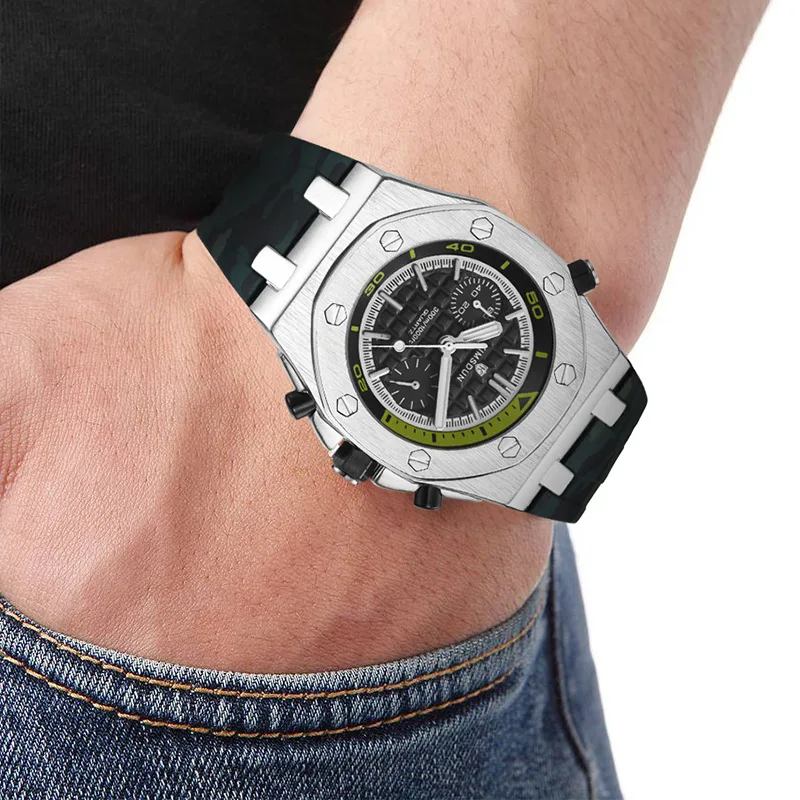

KIMSDUN Mens Quartz Watch Silver White Silicone Watches Military Casual Business Luxury Gift AP Royal Oak Waterproof Chronograph