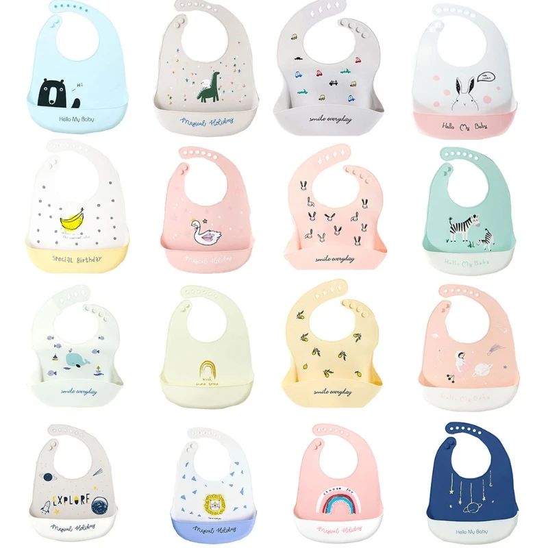

W3JF Reusable Waterproof Baby Bib Food Grade Silicone Infant Meal Pouch Easily Wipe