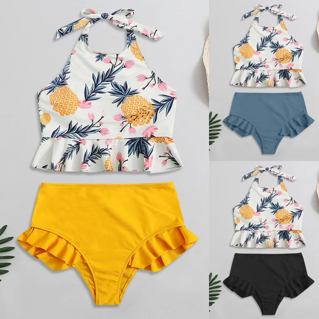 

Sexy Ruffle Bikini Set Women Solid Print Swimsuit Backless Swimwear High Waist Bikinis Bathing Suit Beachwear Biquinis
