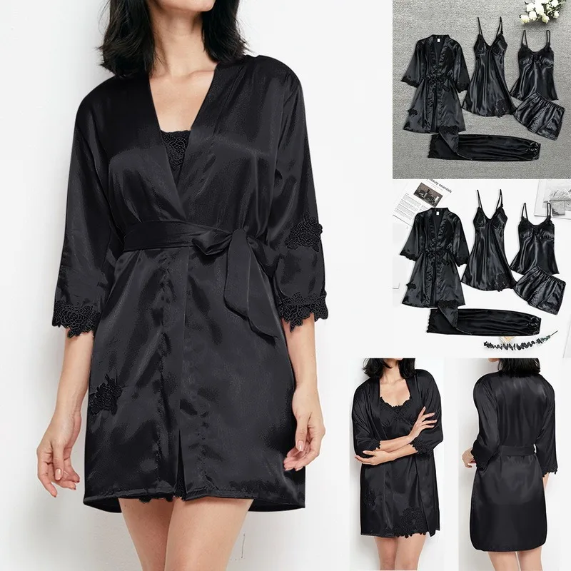 

Sleepwear Female 5/4/2PCS Pajamas Set Satin Pyjamamas Lace Patchwork Bridal Wedding Nightwear Rayon Home Wear Nighty&Robe Suit