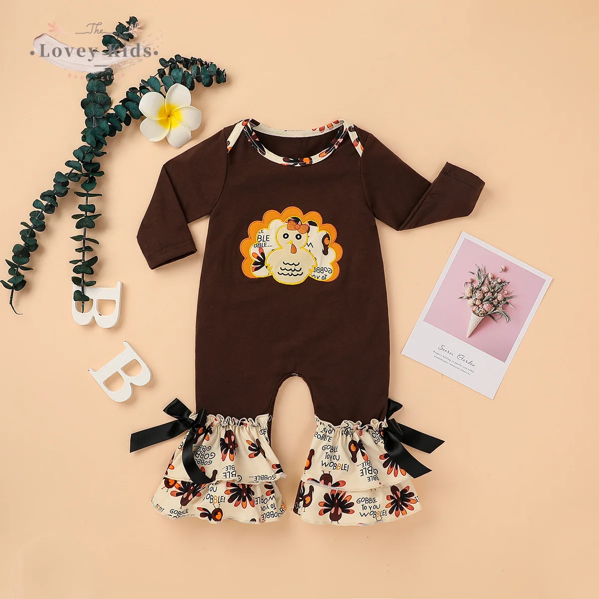 

2020 Autumn Toddler Baby Girl Romper Thanksgiving Long Sleeve Jumpsuit Playsuit Turkey Print Flare Pants Ruffle 0-24M Newborn