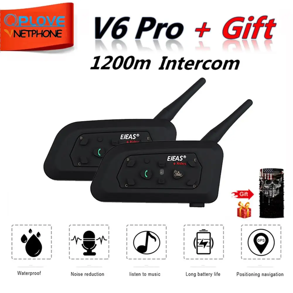 QPLOVE 2pcs EJEAS V6 Pro intercom 1200m motorcycle bluetooth helmet intercom CSR Chip 2.4GHz FM 6 Riders 8H Talking with Scarf
