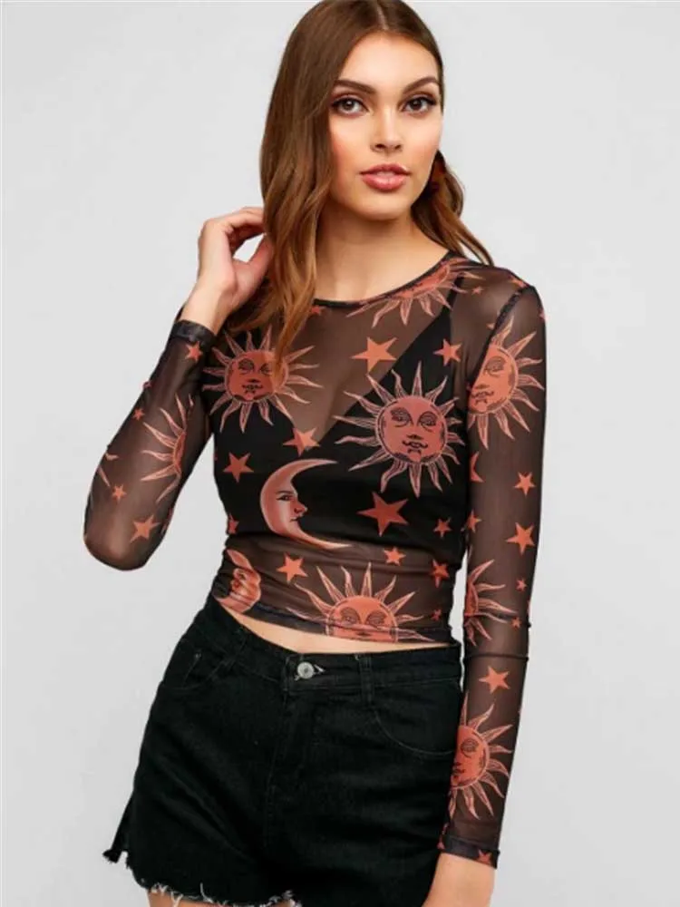 

2021 Designer Women Transparent Mesh Moon Print T Shirt Round Neck Long Sleeve Top Underwear Clothing Women