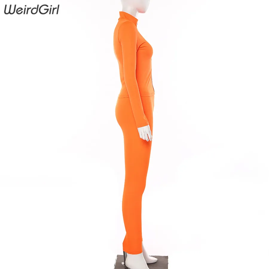 Weirdgirl/женские комплекты из двух предметов для фитнеса; толстовки на молнии с длинными рукавами; однотонный топ с высокой талией; эластичные леггинсы; Новинка осени