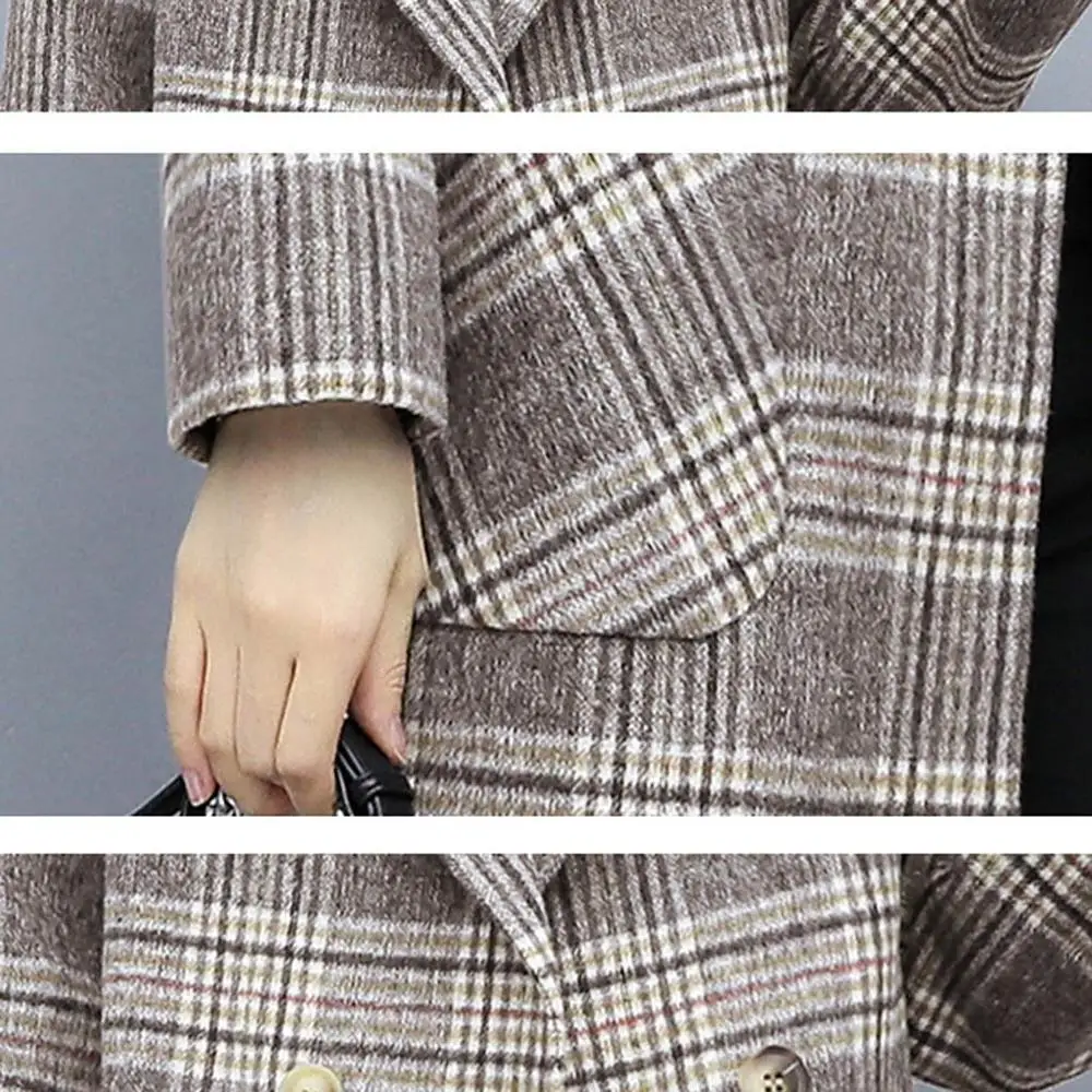 

2019 Coat Women Wool Fashion Autumn Winter Plaid Lapel Long Sleeve Button Pocket Plus Size Overcoat Cashmere Woolen Coat