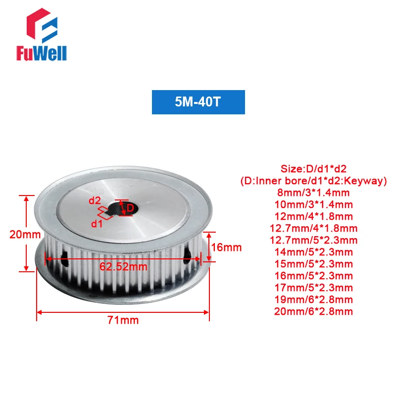 

HTD5M Timing Pulley 40T Timing Belt Pulley With Keyway 16mm Width 40Teeth 8/10/12/12.7/14/15/19/20mm Bore Transmission Pulley