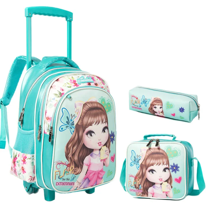 Колесиках рюкзак для девочек школьная сумка-тележка на колесиках с Набор сумки для обеда тележка детская школьная сумка, спортивная сумка д...