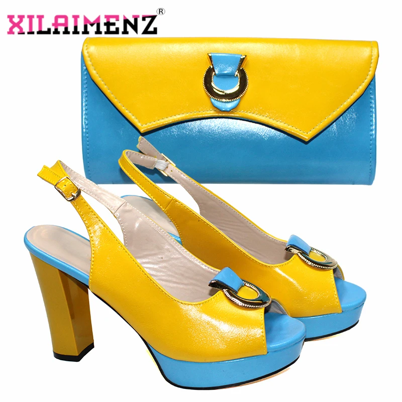 

PU Leather Latest Nigerian Women Shoes and Bag to Match African Design in Yellow with Blue High Quality Platform Sandals