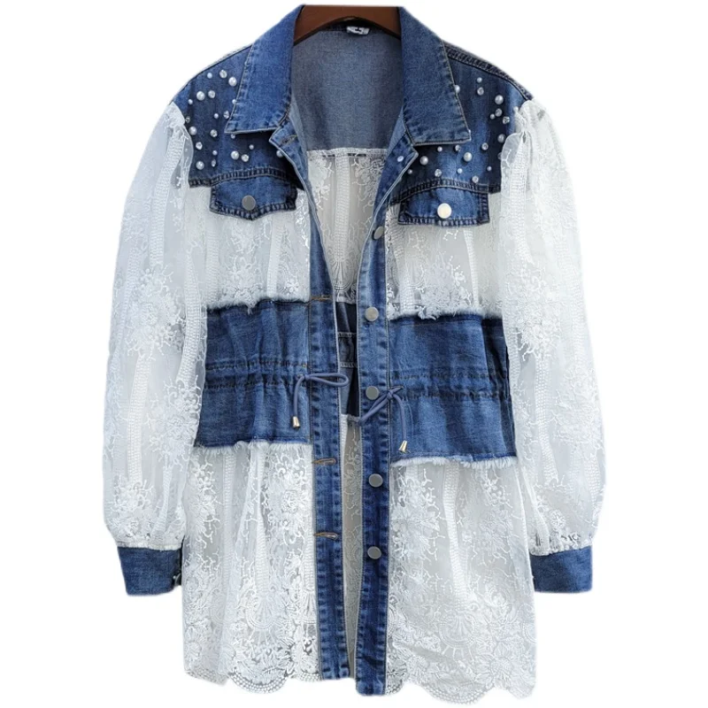 

Long Lace Coat Women 2021 Spring and Summer New Heavy Industry Beads Diamond Hollow Thin Sunscreen Denim Jacket Veste Femme