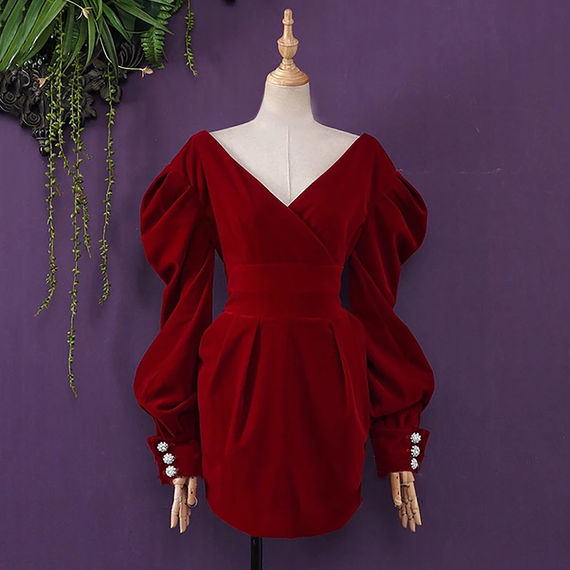 

TWOTWINSTYLE Sexy Party Dress For Women Off Shoulder V Neck Puff Sleeve High Waist Dresses Female 2021 Autumn Fashion New