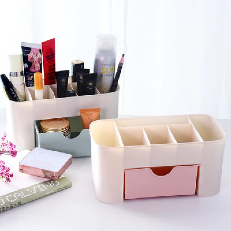 Plastic Makeup Organizer Make Up Brush Storage box with Drawer Cotton Swabs Stick case escritori Pink Blue Green | Дом и сад