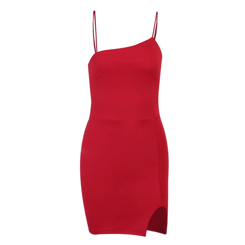 

Hbenna Mini Dresses Women Spaghetti Strap Sleeveless Backless Sexy Dreees Women Black Clubwear Side Split Skinny Elastics Solid