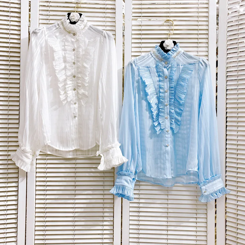 

High Quality Fall New Blouse 2021 Pleated Shirt Stand-Up Collar Long-Sleeved Top Slim Solid Single-Breasted Top Clothing Brand