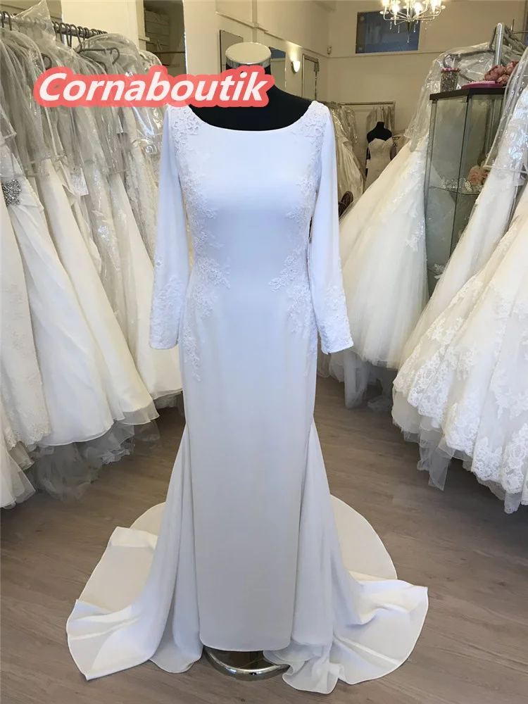 

2021 Mermaid Wedding Dress COR-165 Vestido De Novia Sirena Long Sleeve Crepe Bridal Gown Ilusion Sheer Back Lace Appliques Boat