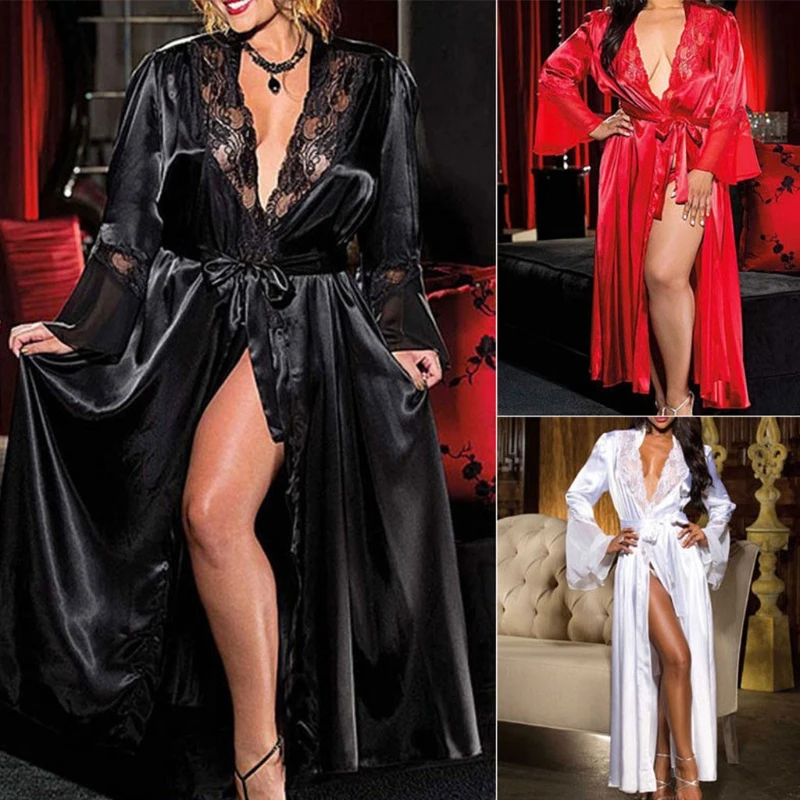 

Womens Sexy Long Kimono Dress Lace Bath Robe Lingerie Ice Silk Nightdress Solid XX9D