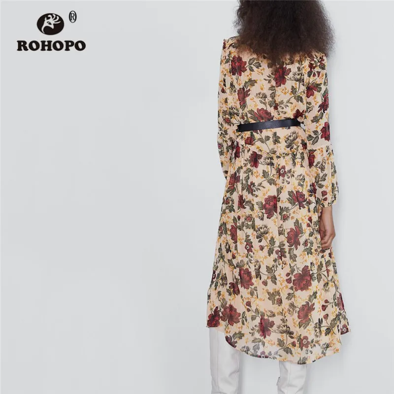 ROHOPO красное Цветочное платье с длинным рукавом цвета хаки принтом миди баской