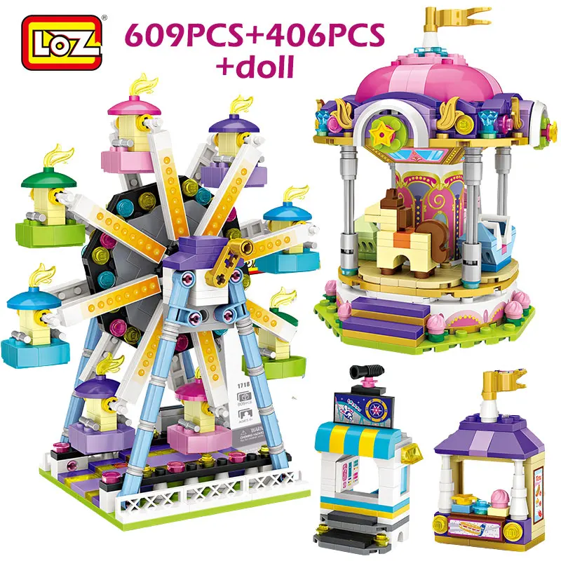 Amusement Park Mini Blocks Ferris Wheel Carousel Pirate Ship Pirate Ship Building Blocks DIY Bricks Toys for Girls