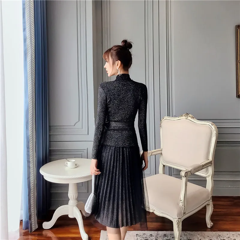 ALPHALMODA модный костюм платье осеннее платье тонкий свитер с длинными рукавами+ Сетчатое платье Элегантный комплект из 2 предметов