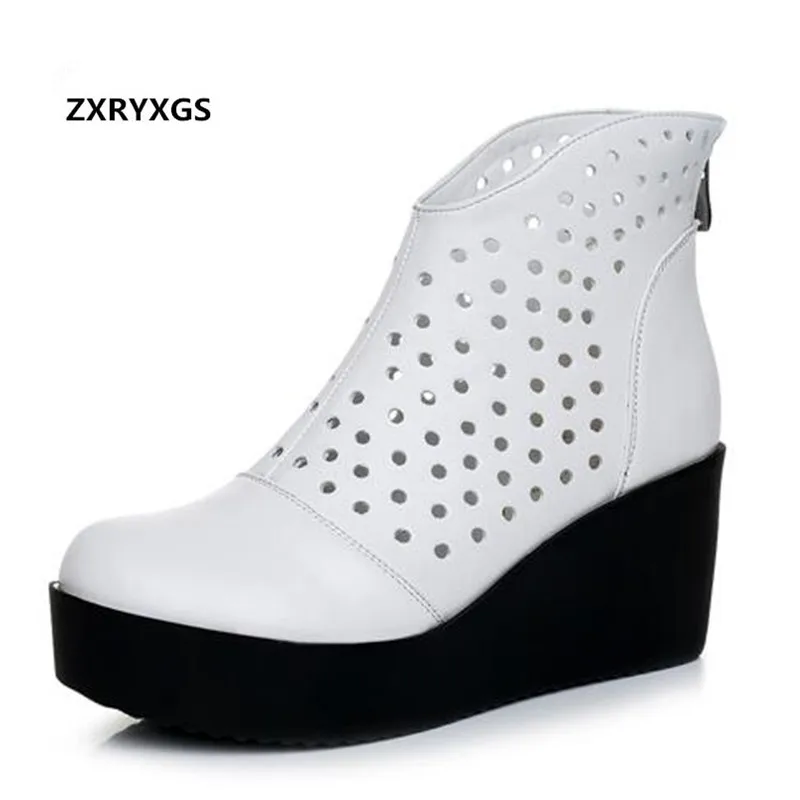 

2022 New Fashion Elegant Spring and Autumn Boots Platform Shoes Wedge High Heels Hollow Genuine Leather Shoes Woman Ankle Boots