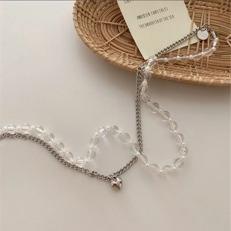 

Kpop Fashion Choker Necklace heart Double Layer Chain Transparent resin beads Necklace for woman Aesthetic Jewelry 2020 Collar