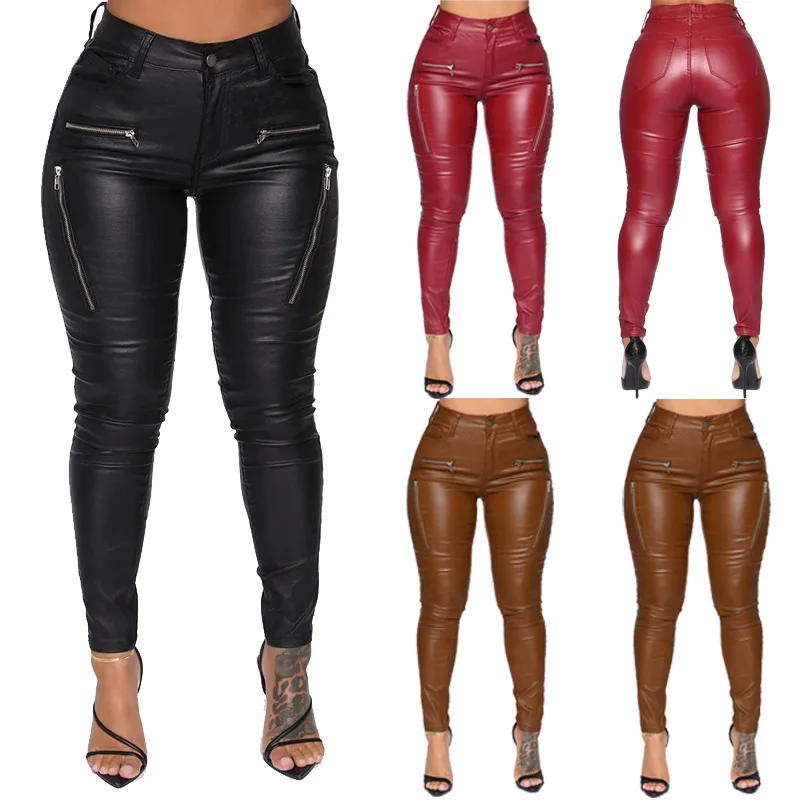 

New style plus size fashion tight-fitting casual pants women's zipper mid waist leather pants with pockets new foot pants