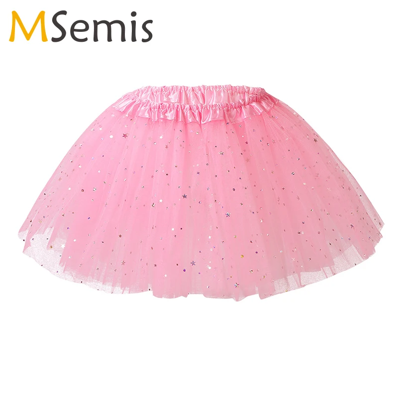 

Kids Dance Skirt Ballet Girls Sparkle Stars Sequins Ruffled Layered Tulle Tutu Skirt Stage Performance Costume Tutu Ballet Skirt