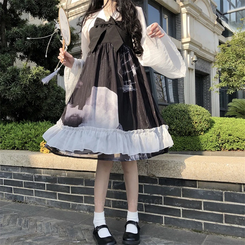 Женское шифоновое платье в готическом стиле Лолита с принтом виде звезд для