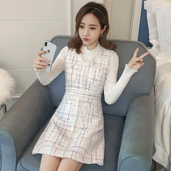 sweater and dress Вязаный топ для девочек и клетчатое короткое твидовое платье с v-образным вырезом и жемчужинами женский осенне-зимний милый шерстяной жилет с карманами комплект из 2 предметов, платье-комбинезон - Цвет: sweater and dress
