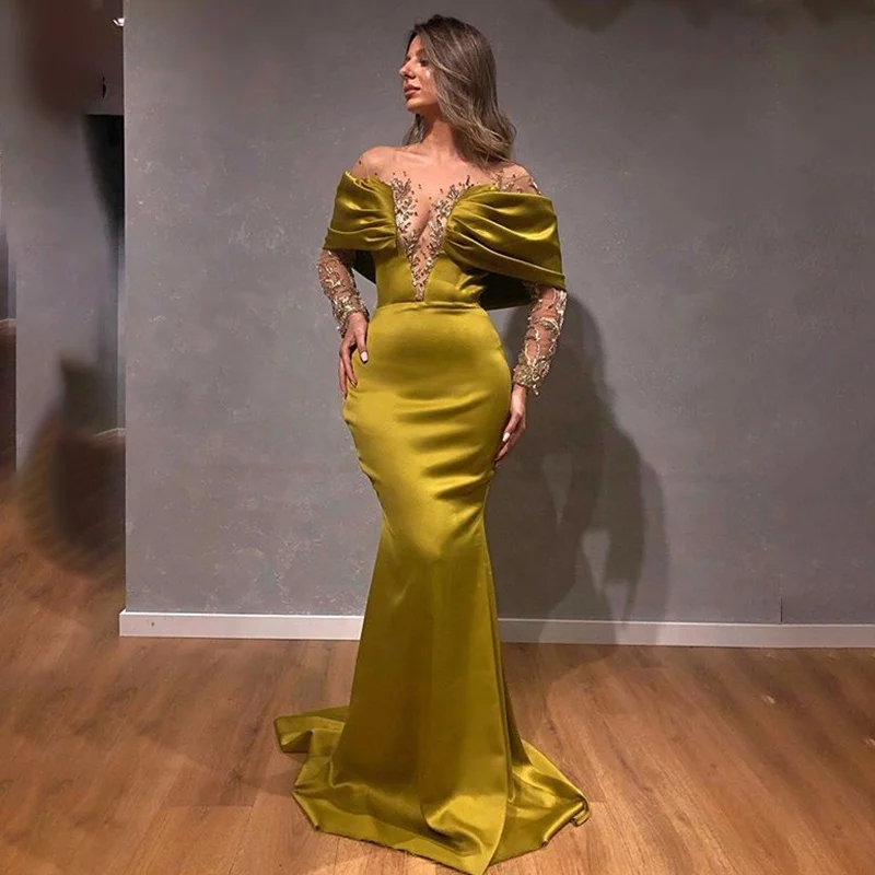 Новейший дизайн длинное вечернее платье русалки со стразами длинным рукавом и