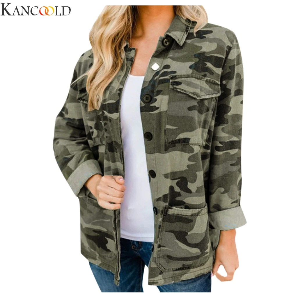 KANCOOLD, женская мода, длинный рукав, камуфляж, принт, на каждый день, воротник-стойка, европейский стиль, для студентов, верхняя одежда, военная куртка, пальто