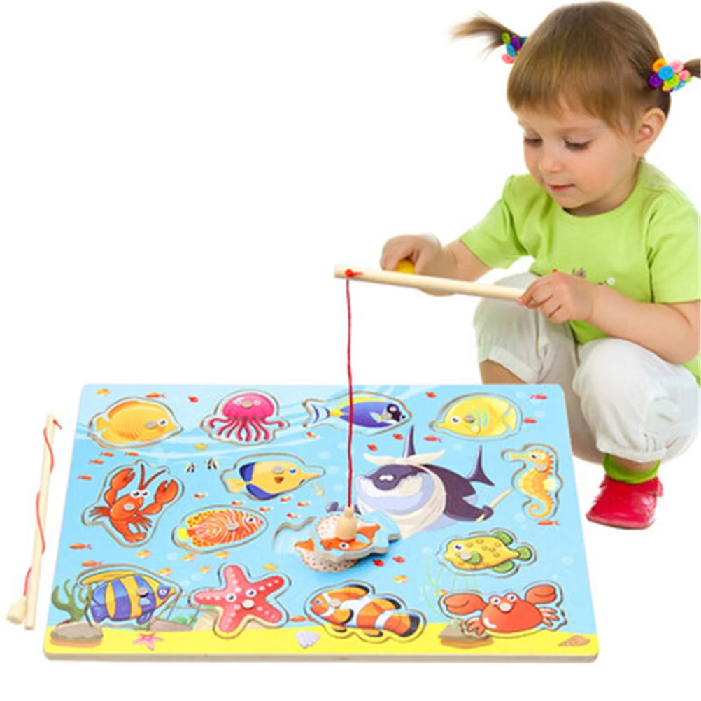 Детские развивающие игрушки Магнитные деревянные пазлы с 14 рыбами и 2 магнитными
